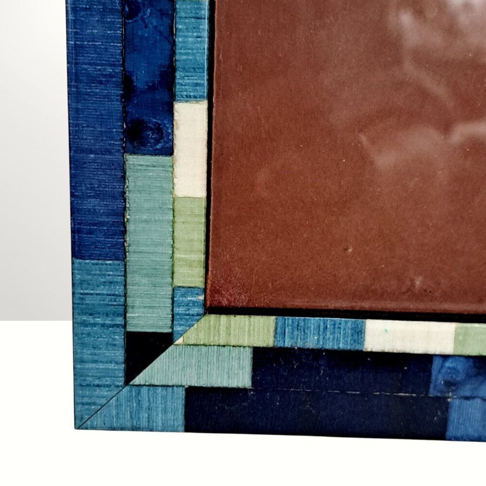 Natalini Italy Blue Wood Marquetry Inlay Frame 4x6 Geometric Mosaic Patchwork - Picture 9 of 13